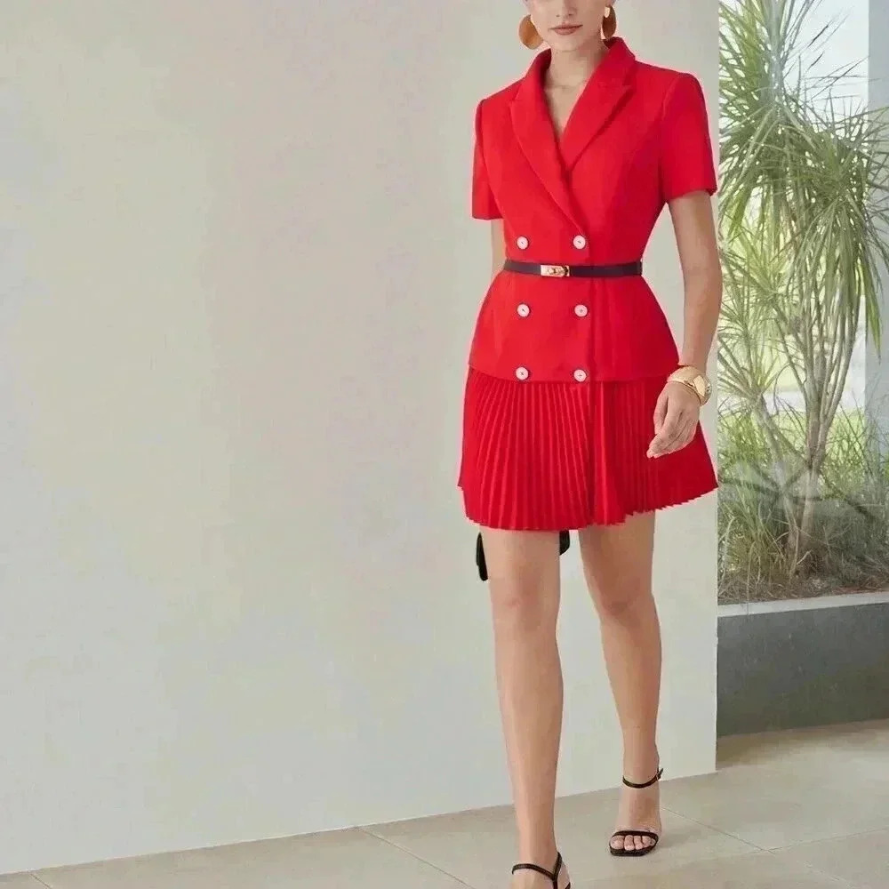 Red Elegant Women's Peak Collar Pleated Hem Double Breasted Placket Mini Dress - Picture 3 of 7